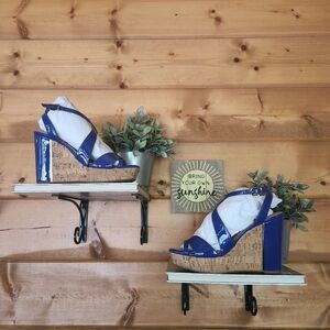 Antonio Melani Cobalt Blue Patent Leather Cork Wedge Heel Platform Sandals Sz 8M